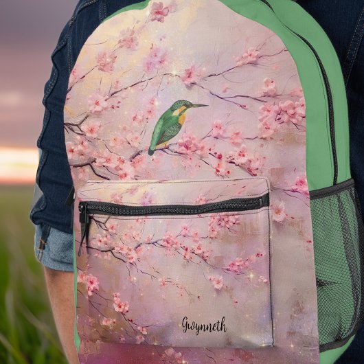 Groene Kingfisher op Roze Kersenbloesems Monogram Bedrukte Rugzak