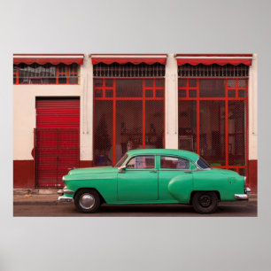 Groene klassieke auto, Cuba Poster