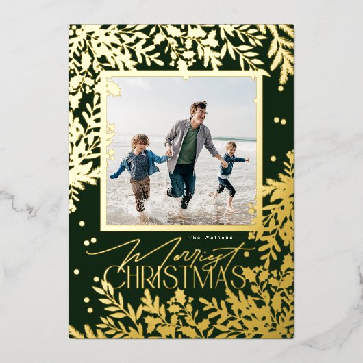 Groene Klassieke Botanische Kerstmis Één Foto Folie Feestdagenkaart (Voorkant)