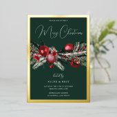 Groene klassieke kerstfeest gouden grens folie uitnodiging (Staand Voorkant)