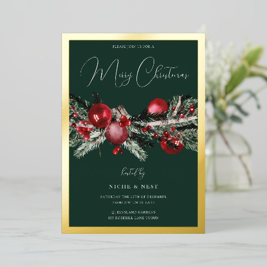Groene klassieke kerstfeest gouden grens folie uitnodiging (Staand Voorkant)