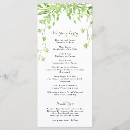 Groene Klaver Bloemen Trouwprogramma Programmakaart (Achterkant)