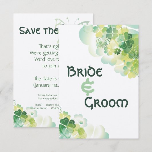 Groene klaver en vlinder hoeken Save the Date Kaart (Voorkant / Achterkant)