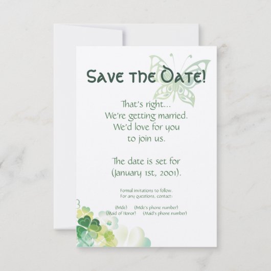 Groene klaver en vlinder hoeken Save the Date Kaart (Achterkant)