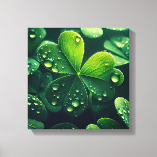 Groene klaverbladeren met waterdruppels - canvas afdruk