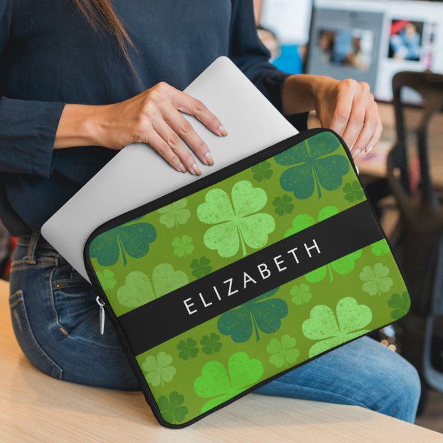 Groene Klavers, Lucky Clovers, Jouw naam Laptop Sleeve (Creator heeft geüpload)