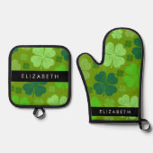 Groene Klavers, Lucky Clovers, Jouw naam Ovenwant & Pannenlap Set (Voorkant)
