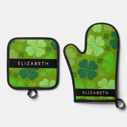 Groene Klavers, Lucky Clovers, Jouw naam Ovenwant & Pannenlap Set (Voorkant)