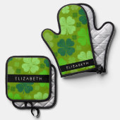 Groene Klavers, Lucky Clovers, Jouw naam Ovenwant & Pannenlap Set (Voorkant / Achterkant)