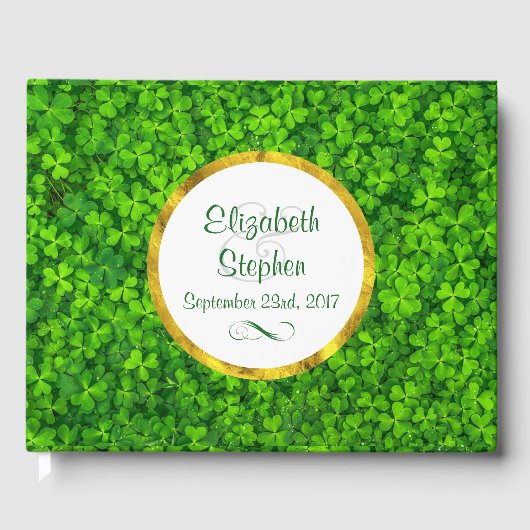 Groene Klavers met FAUX Goudfolie Lijst Bruiloft Gastenboek (Voorkant)