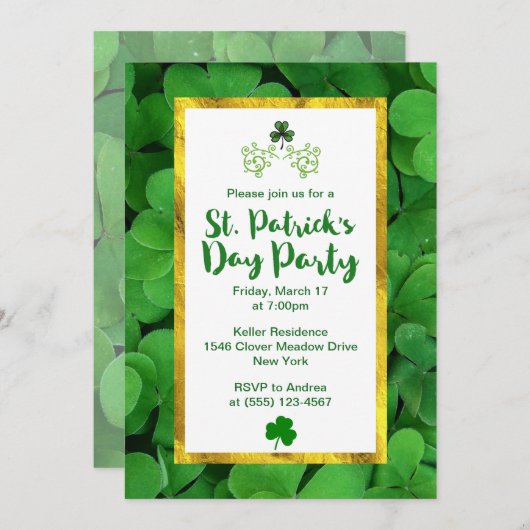 Groene Klavers St Patrick's Day Party Uitnodigen Kaart (Voorkant / Achterkant)