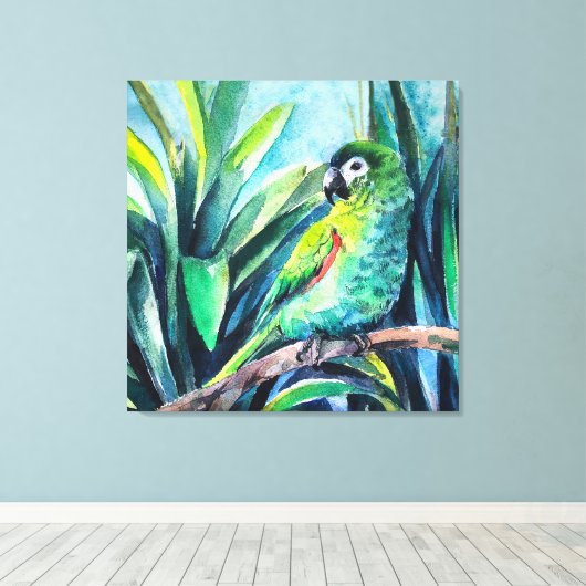 Groene kleine ara canvas afdruk (Insitu (Houten vloer))