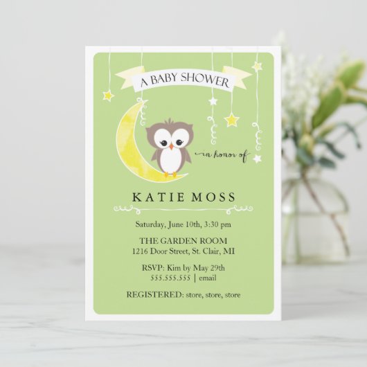 Groene Kleine Owl | Uitnodiging tot Baby shower (Staand voorkant)