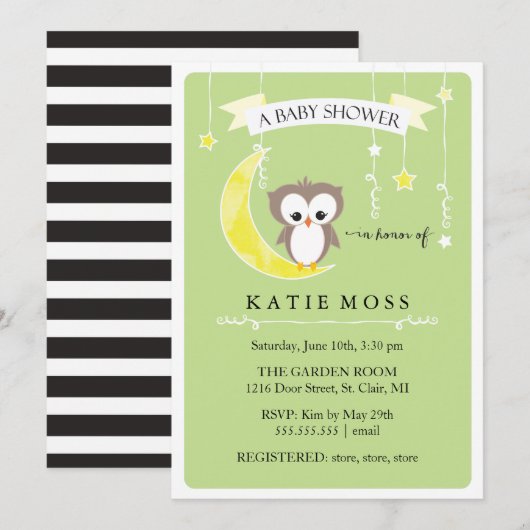 Groene Kleine Owl | Uitnodiging tot Baby shower (Voorkant / Achterkant)