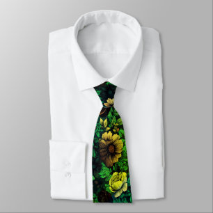 Groene kleur vintage bloemenprint stropdas