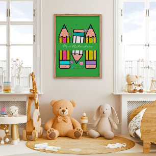 Groene Kleurrijke Leraar Cartoon Potlood Poster