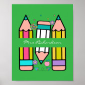 Groene Kleurrijke Leraar Cartoon Potlood Poster (Voorkant)