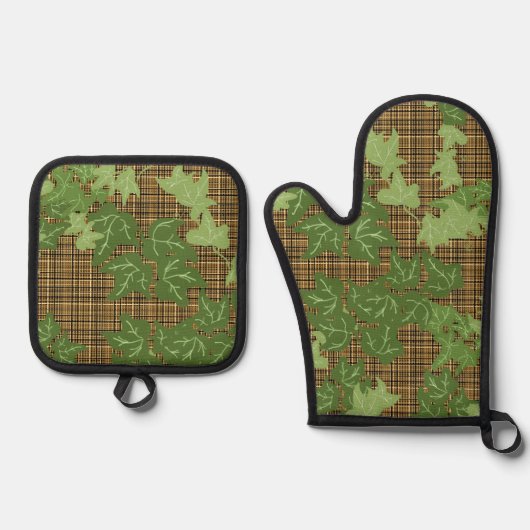 Groene klimop Goud Zwart Bruin Plaid Ovenwant & Pannenlap Set (Voorkant)