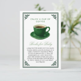 Groene koffiekop boeken voor babyshower informatiekaartje