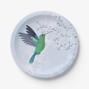 Groene Kolibrie Met Blauwe Kersenbloesem Papieren Bordje