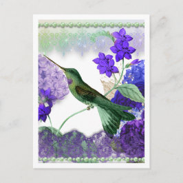 Groene kolibrie met bloemen, kant, parels briefkaart