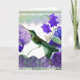 Groene kolibrie met bloemen, kant, parels kaart