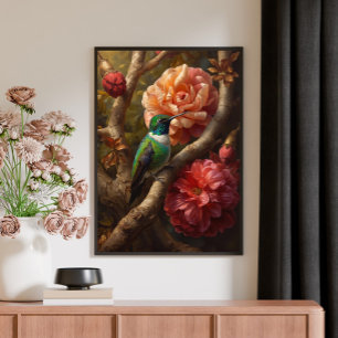 Groene Kolibrie Olie Schildering Bloemrijke Natuur Canvas Afdruk