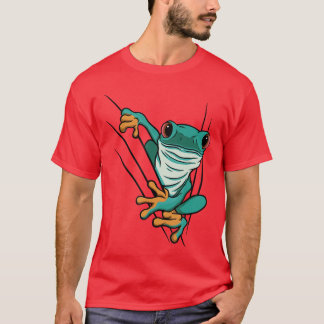 Groene komische kikker komt door scheuren voor man t-shirt