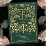 Groene koninklijke uitnodiging tot het uitzenden v<br><div class="desc">Zet de toon voor uw middeleeuwse fantasie bruiloft met een gedurfde uitnodiging ontwerp-een groot gouden zwaard omgeven door bloemen tegen een groene achtergrond. Perfect voor koppels die dromen van een episch, romantisch feest. Maak je liefdesverhaal vanaf het eerste gezicht legendarische! OPMERKING: het goud in dit ontwerp is GEEN echte folie....</div>