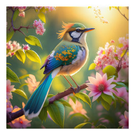 Groene kop Blauwgroen gevleugelde fantasievogel Foto Afdruk