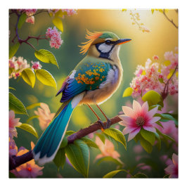 Groene kop Blauwgroen gevleugelde fantasievogel Perfect Poster