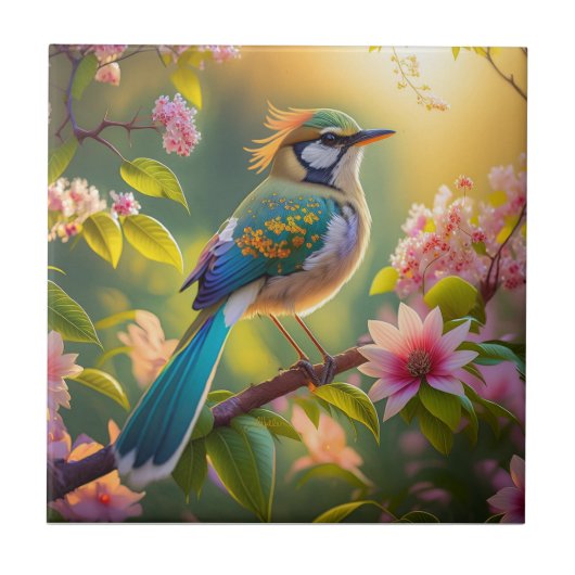 Groene kop Blauwgroen gevleugelde fantasievogel Tegeltje (Voorkant)