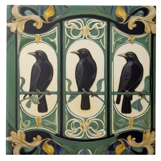 Groene Kraai Vogels Art Nouveau Art Deco Zwarte Vo Tegeltje (Voorkant)