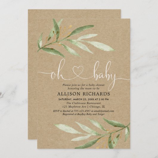 Groene kraft, rustiek genderneutraal baby shower kaart (Voorkant / Achterkant)