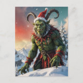 Groene Krampus Op Besneeuwde Bergtop Kerstmopper Feestdagenkaart (Voorkant)