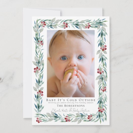 Groene Krans Baby Het Is Koud Buiten Foto Feestdagenkaart (Voorkant)