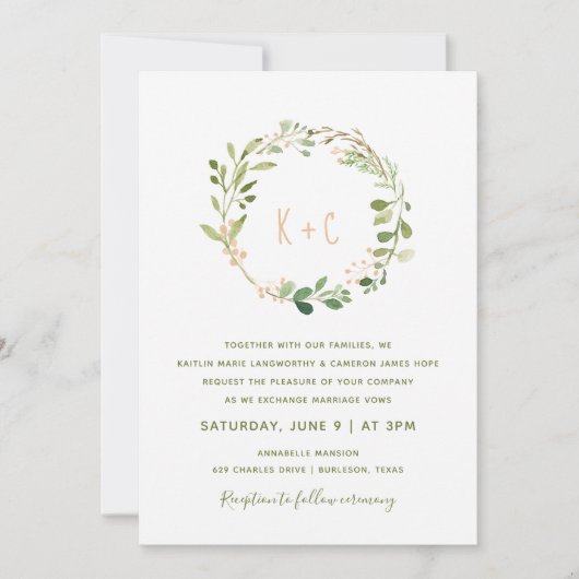 Groene krans bruiloft uitnodigingen - Peach (Voorkant)
