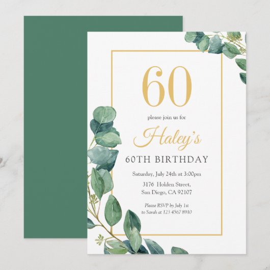 Groene Krans Chic Goud & Salie 60ste Verjaardag Kaart (Voorkant / Achterkant)