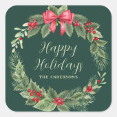Groene krans gepersonaliseerde kerst vierkante sticker (Voorkant)