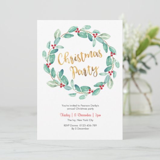 Groene krans Kerstfeest Uitnodiging (Staand voorkant)