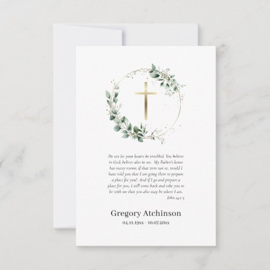 Groene krans met gouden kruis katholieke begrafeni bedankkaart (Voorkant)