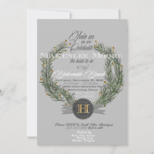 Groene krans met monogram uitnodiging (Voorkant)