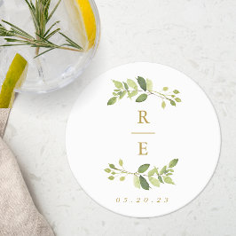 Groene Krans Monogram Bruiloftsprobediner Ronde Kartonnen Onderzetter