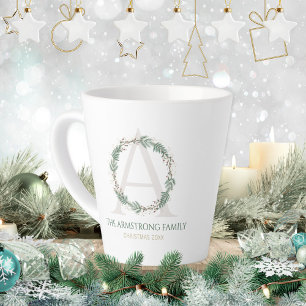 Groene Krans Monogram Familie Naam Aandenken Latte Mok