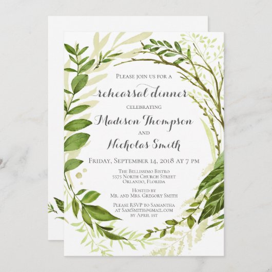 Groene krans repetitie diner uitnodigingen, rustie kaart (Voorkant / Achterkant)