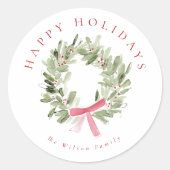 Groene krans & rode strik Kerstmis Ronde Sticker (Voorkant)