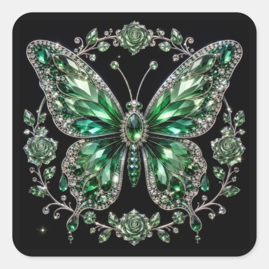 Groene Kristalvlinder | Bloemframe Vierkante Sticker (Voorkant)