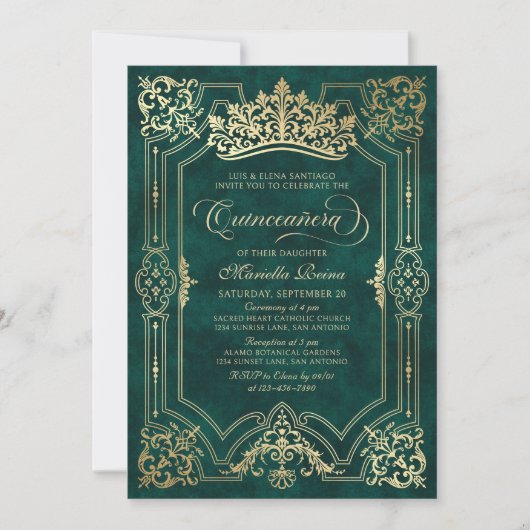 Groene Kroon Tiara Elegant Quinceanera Kaart (Voorkant)