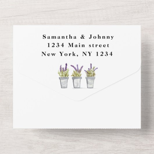 Groene kruiden Waterverf Paarse lavender Weddensch All In One Uitnodiging (Achterkant)