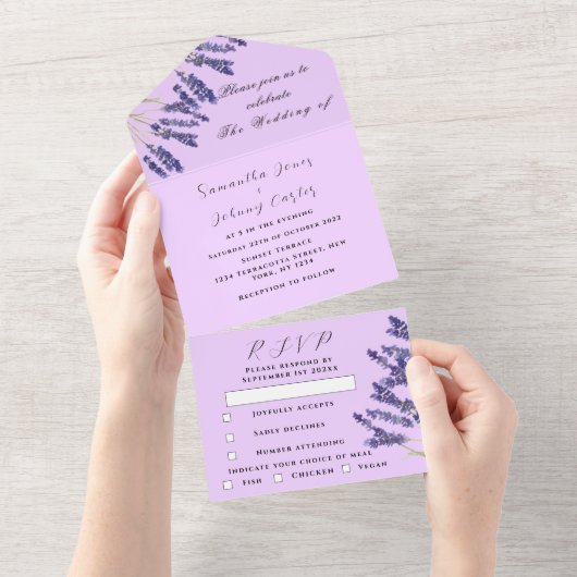 Groene kruiden Waterverf Paarse lavender Weddensch All In One Uitnodiging (Afscheurbaar)